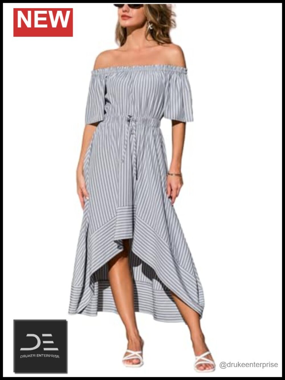Women's Striped Off Shoulder Tie Waist Ruffle Maxi Dress